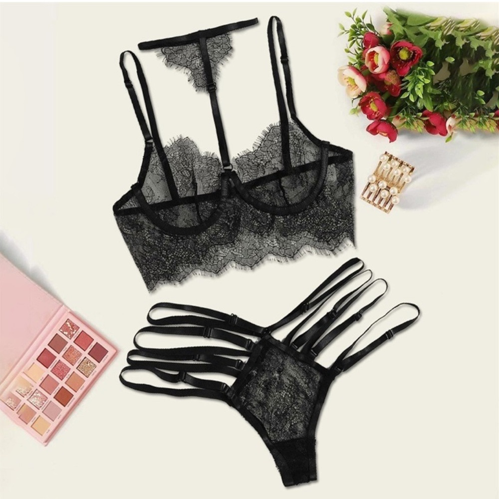 New Black medium Floral Lace Choker Bra & Panties Lingerie Set